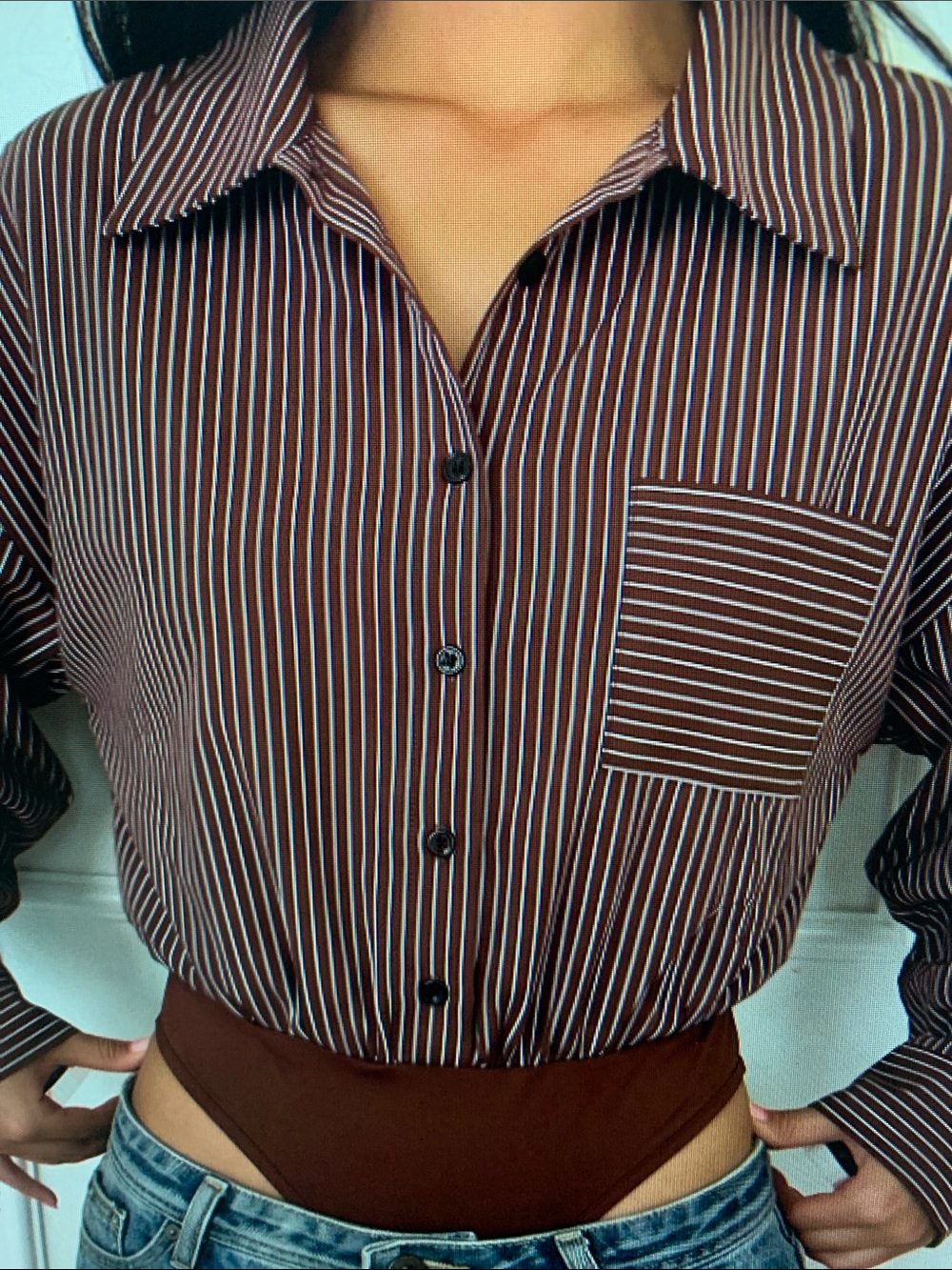 Striped Brown Button-Up Shirt with Chest Pocket